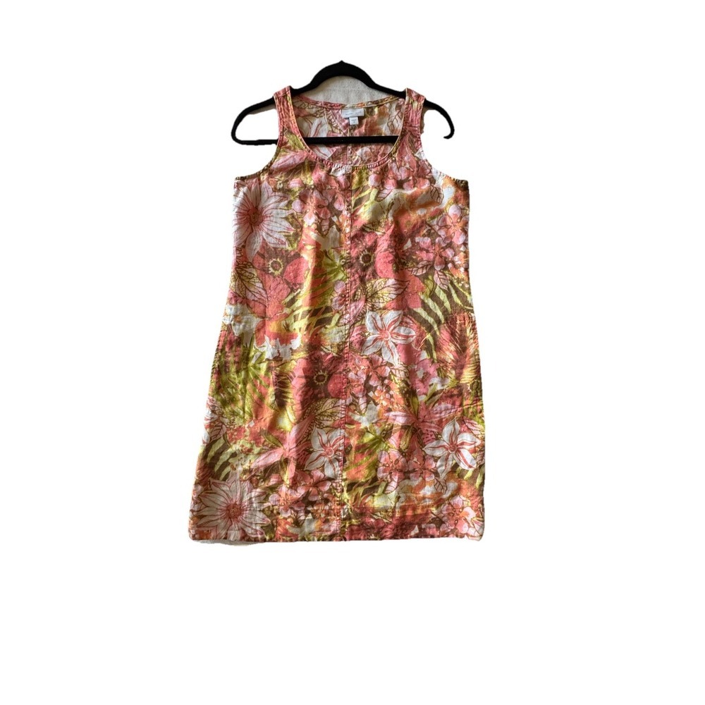 J Jill Love Linen XS Pockets A-Line Dress Tropical Floral Vacation Resort Cruise